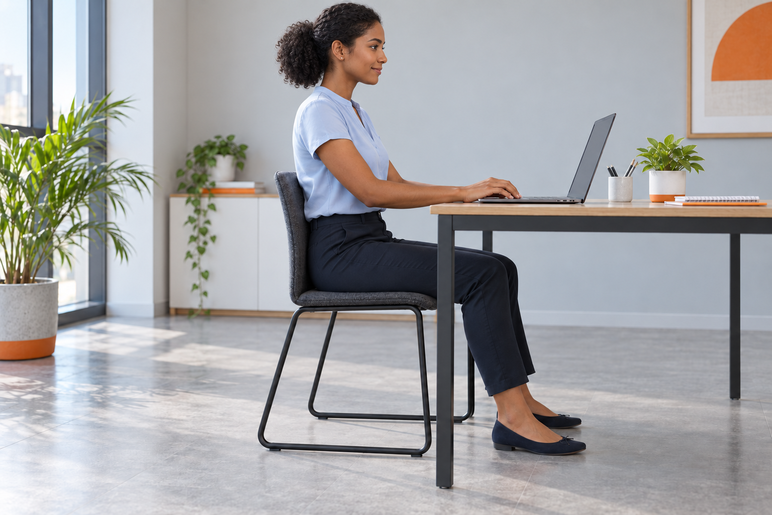 Imagem conceitual: Mulher negra trabalhando em um computador, vista de lado.